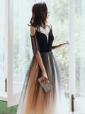 Solvbao Black V-neckline Tulle Gradient A-line Prom Dress, Black Floor Length Party Dress Evening Dress