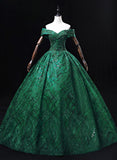 Solvbao Green Ball Gown Off Shoulder Tulle Party Dress, Green Lace Sweet 16 Dress