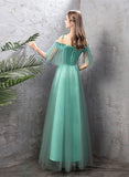 Solvbao A-line Tulle Blue Floor Length Party Dress, Simple Prom Dress Long Wedding Party Dress