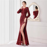 Banquet Host Dress Company Annual Meeting Red Carpet Evening Dress V-neck Long Sleeve Thin and Glittering Hem High Slit Long Dress for Women