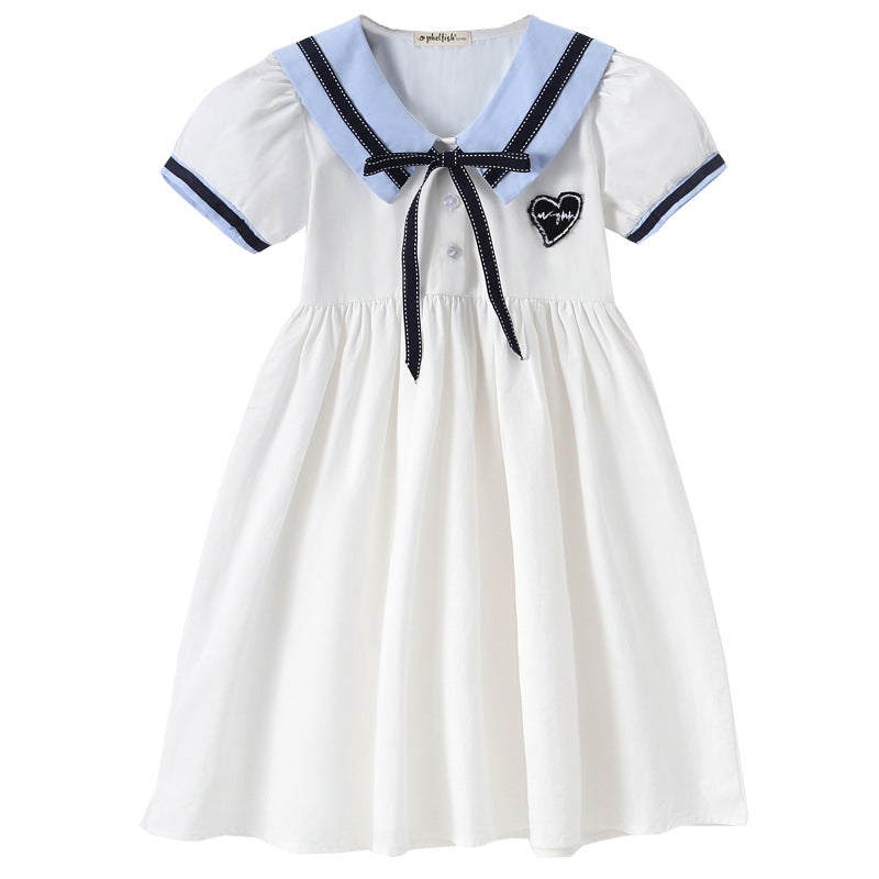 SOLVBAO Girl's Short-Sleeve Skirt Cotton College Style Blouse Princess Dress White Lapel Medium and Large Children's Dresses  Summer Dress