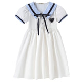 SOLVBAO Girl's Short-Sleeve Skirt Cotton College Style Blouse Princess Dress White Lapel Medium and Large Children's Dresses  Summer Dress