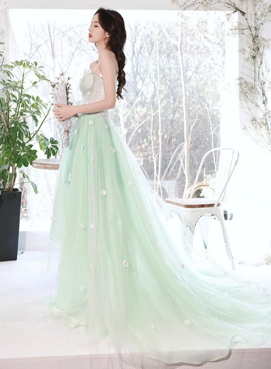 Solvbao Light Mint Green Flowers Beautiful Long Tulle Party Dress, Light Green Formal Dress Evening Dress