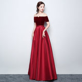 Solvbao Wine Red Satin with Velvet Prom Dress, Off Shoulder A-line Formal Dress Evening Dress