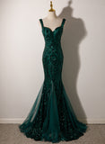 solvbao Dark Green Mermaid Tulle with Sequins Straps Party Dress, Mermaid Long Formal Dress