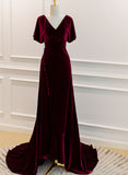 Solvbao Wine Red Velvet Long Wedding Party Dress with Leg Slit, Wine Red Formal Dress