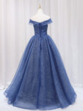 Solvbao Blue Off Shoulder Sweetheart Long Party Dress, A-line Blue Formal Dress