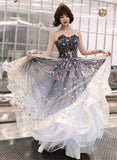 solvbao A-line Blue Tulle Long Party Dress with Lace-up, Blue Evening Dress Prom Dress