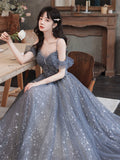 Solvbao Lovely Off Shoulder Beaded Tulle Prom Dress Party Dress, Beaded A-line Evening Dresses