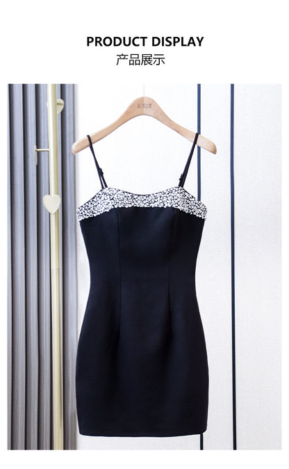 SOLVBAO [In Stock]  Summer Sun Yi Same Style Pure Desire Sexy Black Camisole Dress High-Grade Diamond-Embedded Short Evening Dress