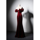 Solvbao Wine Red Velvet Off Shoulder Mermaid Long Prom Dress, Long Lace-up Evening Dress