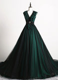 Solvbao Black and Green Beaded Tulle Long Formal Dress with Open Back, Long Prom Dress