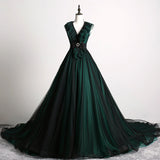 Solvbao Black and Green Beaded Tulle Long Formal Dress with Open Back, Long Prom Dress