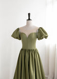 Solvbao Green Satin Round Neckline A-line Floor Length Prom Dress, Green Short Sleeves Formal Dress