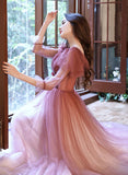 Solvbao Pink Gradient Tulle A-line Puffy Sleeves Party Dress, Pink Long Prom Dress