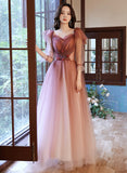 Solvbao Pink Gradient Tulle A-line Puffy Sleeves Party Dress, Pink Long Prom Dress