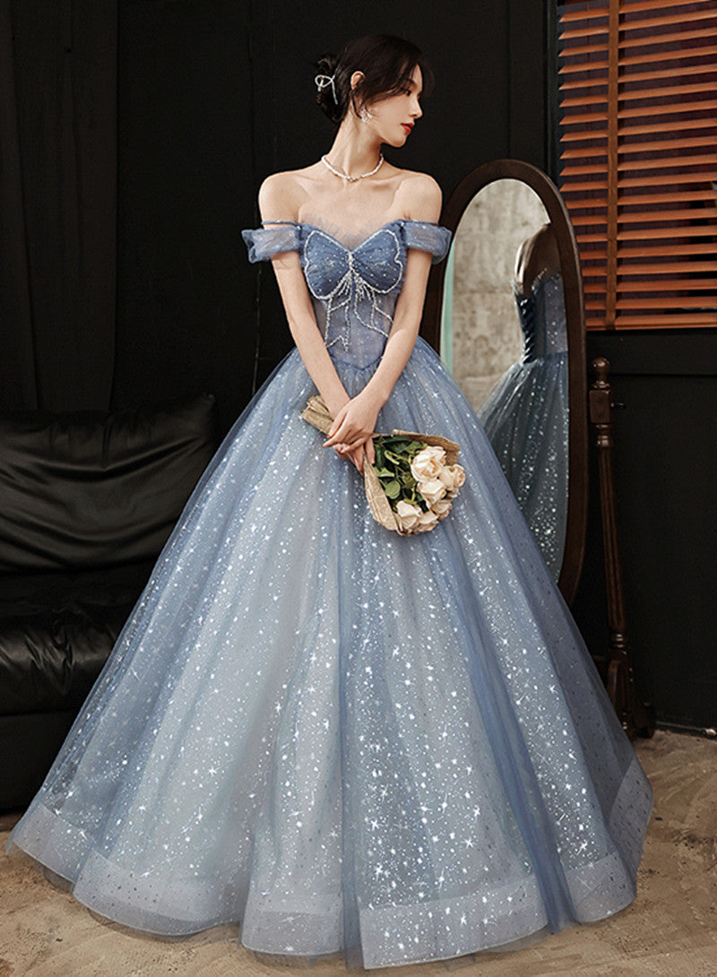 Solvbao Blue Tulle Sweetheart Beaded Long Formal Evening Dress, A-line Tulle Party Dresses