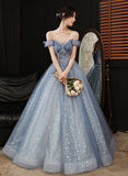 Solvbao Blue Tulle Sweetheart Beaded Long Formal Evening Dress, A-line Tulle Party Dresses