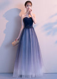 Solvbao Blue Tulle Gradient Long Evening Dress Party Dress, A-line Tulle Bridesmaid Dresses