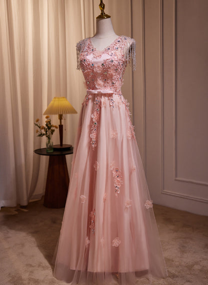 Solvbao Pink V-neckline Tulle with Lace Applique Prom Dress, Pink Tulle Evening Dress