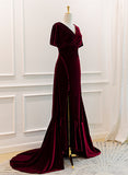 Solvbao Wine Red Velvet Long Wedding Party Dress with Leg Slit, Wine Red Formal Dress