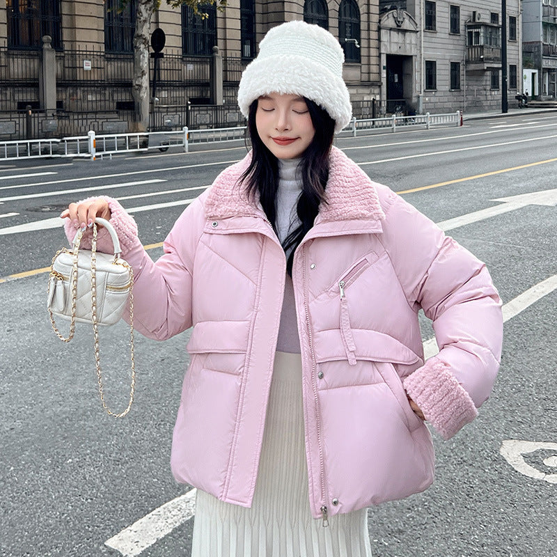 Women's short cotton-padded clothes 2025 winter new Korean version European and American style splicing down cotton-padded clothes women's thickened cotton-padded jacket tide