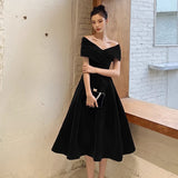 SOLVBAO Black Slimming Evening Dress Women's  Summer plus Size off-Shoulder Long Banquet Temperament Long Annual Meeting Dress