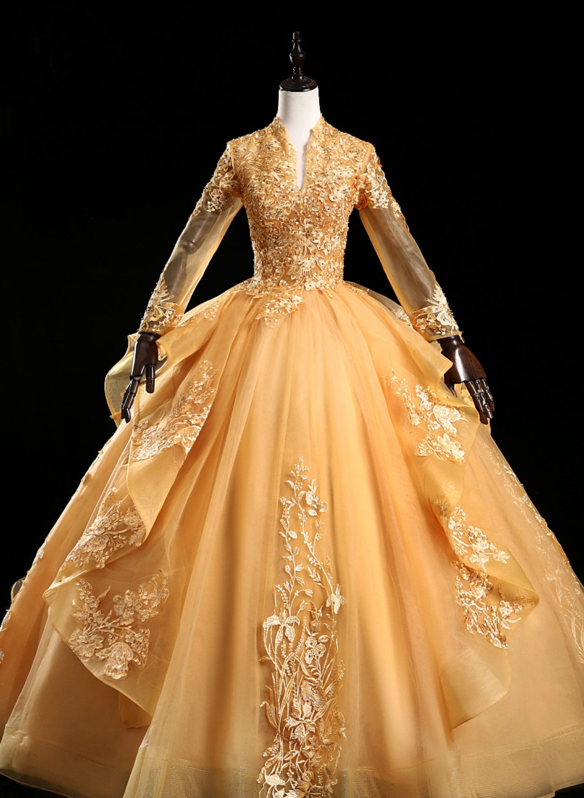 solvbao Gold Tulle Long Sleeves Lace Applique Formal Dress, Ball Gown Sweet 16 Dress