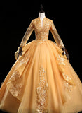 solvbao Gold Tulle Long Sleeves Lace Applique Formal Dress, Ball Gown Sweet 16 Dress