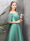 Solvbao A-line Tulle Blue Floor Length Party Dress, Simple Prom Dress Long Wedding Party Dress