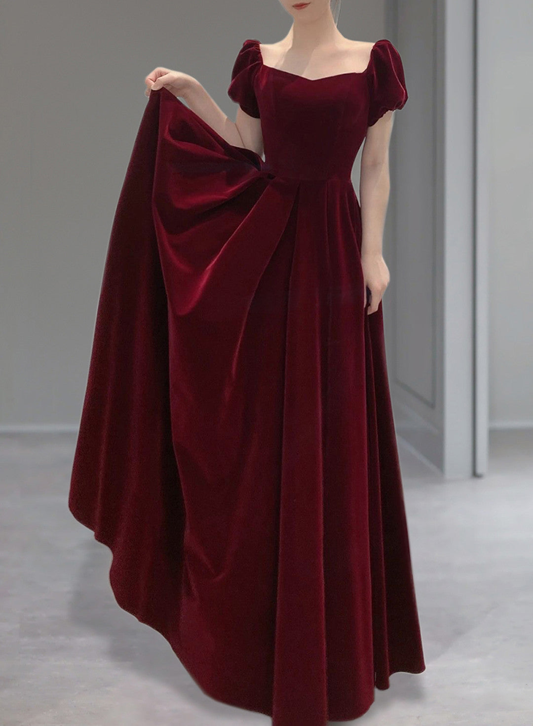 Solvbao Burgundy Velvet Cap Sleeves Long Formal Dresses, A-line Velvet Evening Dress Prom Dresss