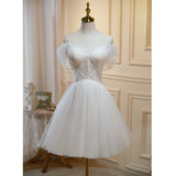 Solvbao Lovely Off Shoulder Knee Length Prom Dress, Ivory Homecoming Dresses