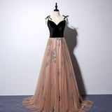 Solvbao Sexy Champagne Tulle with Black Velvet Prom Dress, Straps Party Gown