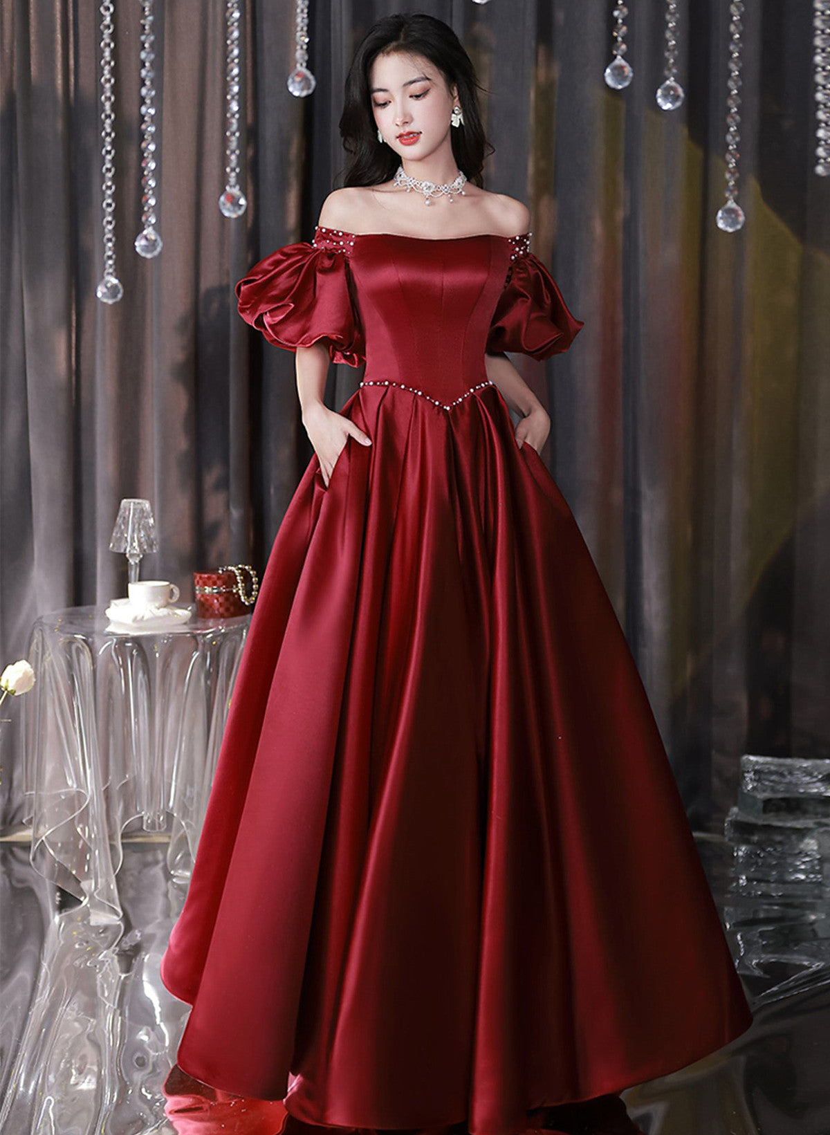 Solvbao Wine Red Satin Beaded Puffy Sleeves Long Party Dress, Wine Red Long Prom Dress