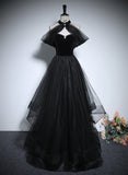 Solvbao Black Haler Tulle and Velvet Long Prom Dress, Black A-line Tulle Evening Dress