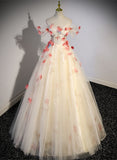 Solvbao Lovely Flowers Light Champagne Tulle Long Formal Dress, Tulle A-line Prom Dress Party Dress