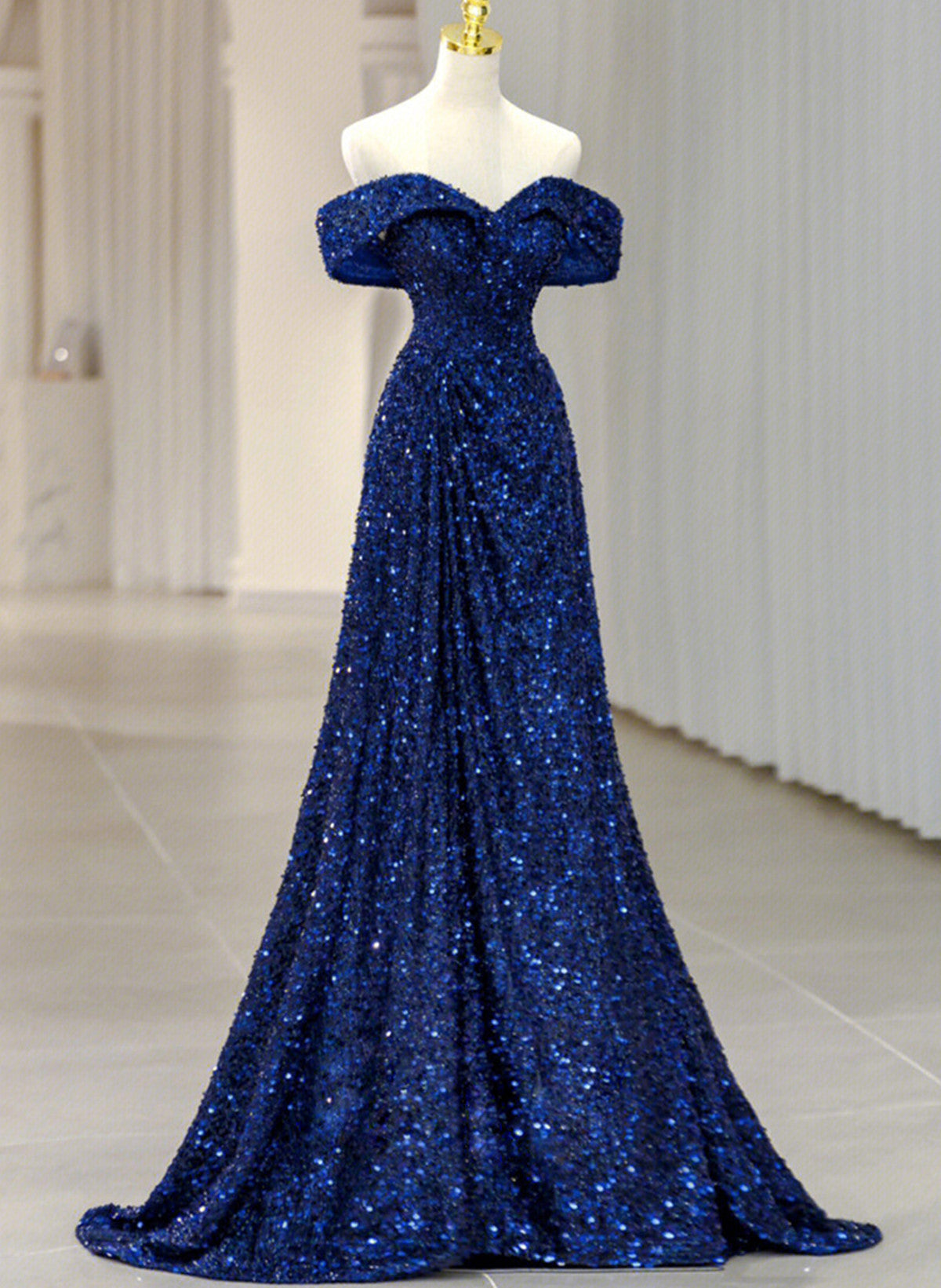 Solvbao Blue Sequins Sweetheart Off Shoulder Party Dress, A-line Blue Long Evening Dress Prom Dress