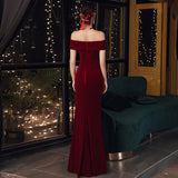 Solvbao Wine Red Velvet Leg Slit Long Prom Dress Party Dress, Mermaid Off Shoulder Gowns