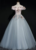 Solvbao A-line Tulle with Lace Applique Off Shoulder Long Party Dress, Sweet 16 Formal Dress