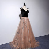 Solvbao Sexy Champagne Tulle with Black Velvet Prom Dress, Straps Party Gown