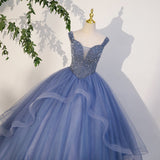 Solvbao Charming Beaded Tulle Ball Gown Sweet 16 Gown, Blue Long Formal Dresses