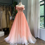 Solvbao Beautiful Pink Tulle Gradient Beaded Off Shoulder Party Dress, Pink Prom Gown