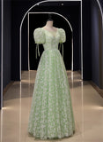 Solvbao Light Green Floral V-neckline Short Sleeves Party Dress, A-line Green Formal Dress