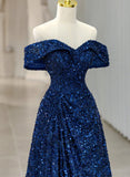 Solvbao Blue Sequins Sweetheart Off Shoulder Party Dress, A-line Blue Long Evening Dress Prom Dress