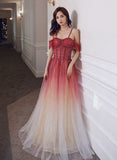 Solvbao Red Gradient Tulle Sweetheart Beaded Straps Prom Dres, Red Long Formal Dress