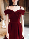 Solvbao Wine Red Velvet Off Shoulder Long Evening Dress, Dark Red Party Dress Formal Dress