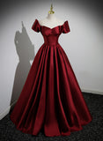 Solvbao Wine Red Satin Short Sleeves Long Party Dress, Simple Wine Red Satin Prom Dress