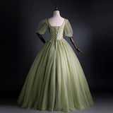 Solvbao Light Green Tulle with Gold Lace Short Sleeves Formal Dress, Light Green Sweet 16 Gown