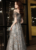 solvbao Grey A-line Floral Tulle Off Shoulder Long Party Dress, Grey Floor Length Prom Dress