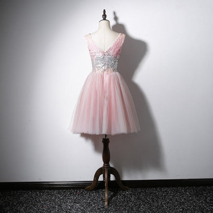 Solvbao Lovely Pink V-neckline Tulle and Sequins Party Dress, Pink Prom Dress